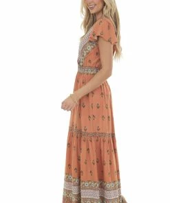 Ces Femme Sandstone Printed Surplice Woven Maxi Dress