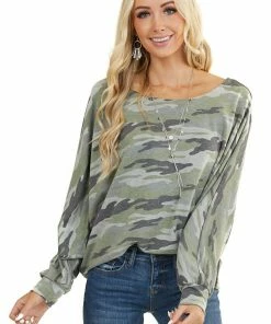 BiBi Sage And Grey Camo Knit Top With Long Dolman Sleeves 26 BiBi Sage And Grey Camo Knit Top With Long Dolman Sleeves