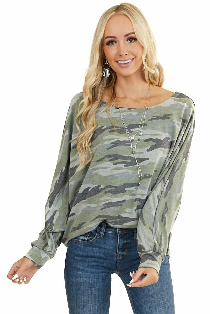BiBi Sage And Grey Camo Knit Top With Long Dolman Sleeves 11 BiBi Sage And Grey Camo Knit Top With Long Dolman Sleeves