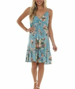 Umgee Dusty Blue Floral Print Babydoll Short Dress Dresses