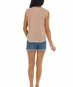 Fantastic Fawn Rich Beige Rounded Neck Slub Knit Muscle Tank Tops