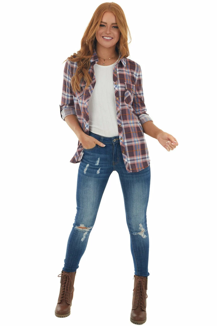 Fashion Cargo Tops Wine And Cornflower Plaid Top With Chest Pocket 4 Fashion Cargo Tops Wine And Cornflower Plaid Top With Chest Pocket
