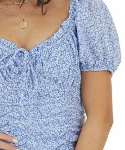 Lush Clothing Dusty Blue And Eggshell Ditsy Floral Print Mini Ruched Dress Dresses