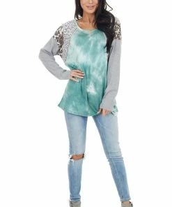 BiBi Tops Teal Tie Dye Top With Leopard And Cheetah Print Contrast