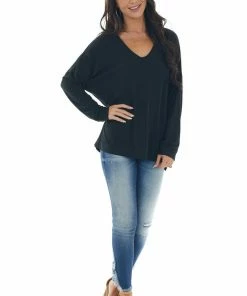 BucketList Tops Black Drop Shoulder Knit Top With V Neck
