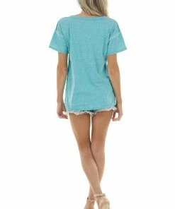BiBi Tops Teal Short Sleeve V Neck Top With Button Detail