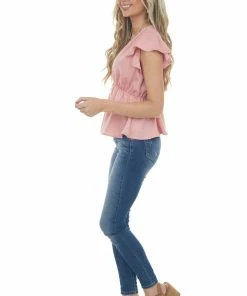 Entro Baby Pink V Neck Short Flutter Sleeve Blouse