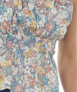 Entro Lavender Floral Print Ruffled Strapless Top Tops