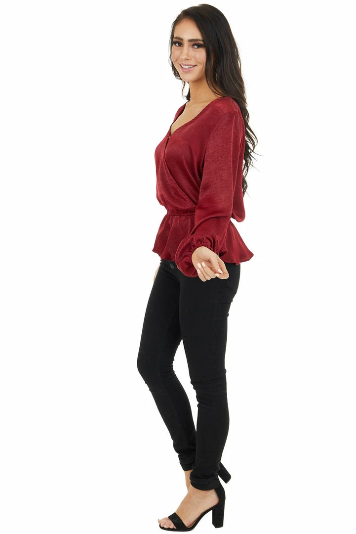 Caramela Burgundy Satin Surplice Blouse With Elastic Ruffle Hemline 12 Caramela Burgundy Satin Surplice Blouse With Elastic Ruffle Hemline