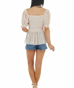 IN LOOM Ivory Ditsy Floral Print Smocked Textured Woven Blouse Tops 30 IN LOOM Ivory Ditsy Floral Print Smocked Textured Woven Blouse Tops