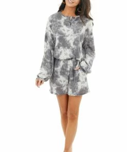 12PM Charcoal Tie Dye Print Waffle Knit Long Sleeve V Neck Top