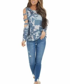 Shiying Fashion Tops Navy Camo Long Ladder Sleeve Stretchy Knit Top