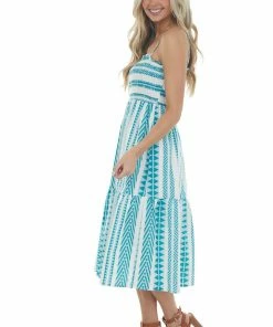 Umgee Teal Abstract Striped Sleeveless Midi Dress Dresses