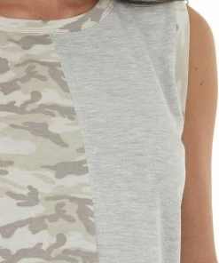 Fantastic Fawn Tops Heather Grey Muscle Tank With Camo Contrast