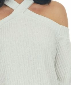 143 Story Tops Cream Glittery Halter Cold Shoulder Top