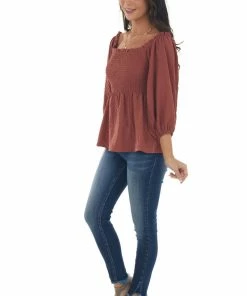 Hailey & Co Marsala Textured Smocked Bodice 3/4 Sleeve Top 27 Hailey & Co Marsala Textured Smocked Bodice 3/4 Sleeve Top