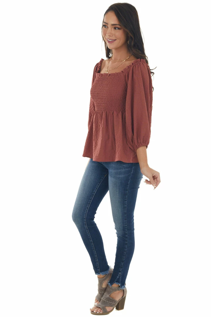 Hailey & Co Marsala Textured Smocked Bodice 3/4 Sleeve Top 12 Hailey & Co Marsala Textured Smocked Bodice 3/4 Sleeve Top
