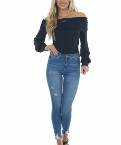 Peach Love Black Folded Off The Shoulder Puff Sleeve Ribbed Knit Top
