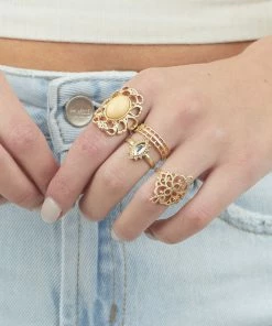 Fame Accessories Antique Gold Filigree Stone 4 Piece Ring Set