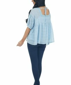 &merci Tops Powder Blue Babydoll Puff Sleeve Blouse With Square Neck