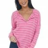 143 Story Tops Magenta And Cream Striped Thermal Henley Top