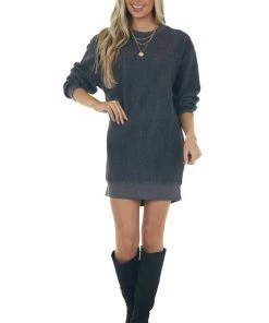 HYFVE Charcoal Brushed Knit Sweatshirt Short Dress Dresses