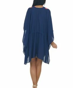 Umgee Navy Blue Floral Embroidered Waist Tie Kimono Tops