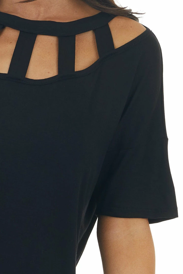 BiBi Tops Black Short Sleeve Knit Top With Caged Neckline 16 BiBi Tops Black Short Sleeve Knit Top With Caged Neckline