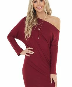 Cherish Wine Off The Shoulder Long Sleeve Semi Fitted Short Dress Dresses
