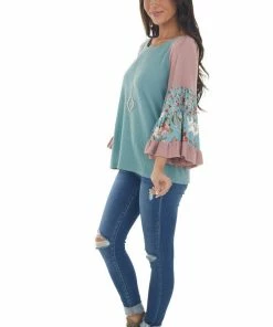 Umgee Teal Colorblock Tiered Sleeve Waffle Knit Top 27 Umgee Teal Colorblock Tiered Sleeve Waffle Knit Top