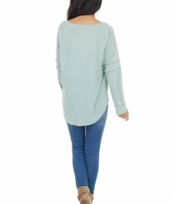 143 Story Tops Seafoam Waffle Knit Notch Neck Top With Reverse Seam Details