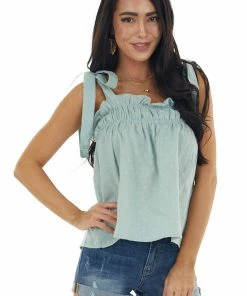 &merci Tops Mint Swiss Dot Tank Top With Tie Straps