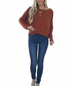143 Story Cinnamon Waffle Knit Dolman Lace Sleeve Top