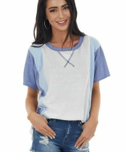 BiBi Tops Ivory And Blue Colorblock Tee With Short Sleeves