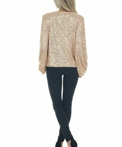 Mustard Seed Tops Champagne Sequin Long Bubble Sleeve Ruched Top