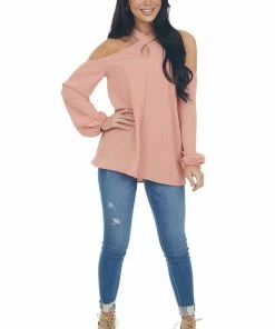 143 Story Hazy Coral Cold Shoulder Long Sleeve Top With Crossed Neck