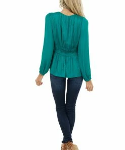 NAKED ZEBRA Emerald Cinch Waist Top With Front Tie And Ruffle Details