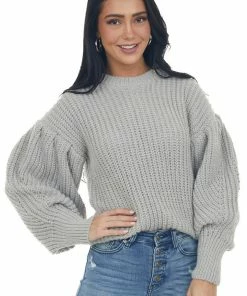 GeeGee Tops Pewter Grey Puff Sleeve Thick Knit Sweater