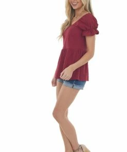 Miss Sparkling Tops Maroon Puff Sleeve Peplum Blouse
