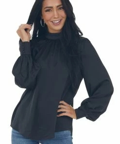 She + Sky Black Button Cuff Long Sleeve Textured Blouse