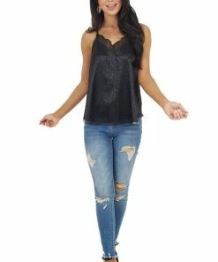 La Miel Tops Black Leopard Print Camisole Top With Lace Details 36 La Miel Tops Black Leopard Print Camisole Top With Lace Details