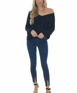 Charlotte Avery Black Wide V Neck Long Dolman Sleeve Knit Top Tops