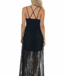 Entro Black Lace Maxi Overlay Sleeveless Dress With Plunging Neck