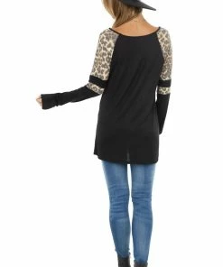 HEIMISH Black Stretchy Knit Top With Raglan Leopard Print Sleeves