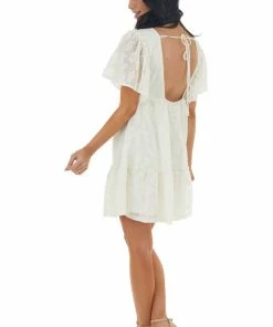 Flying Tomato Cream Lace Mini Babydoll Dress With Open Back