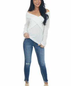BiBi Ivory Criss Cross Brushed Waffle Knit Top