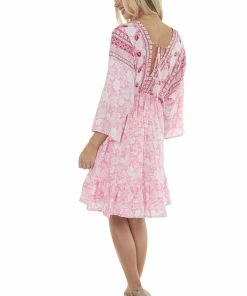 Jodifl Dresses Bright Pink Tropical 3/4 Sleeve Back Tie Dress