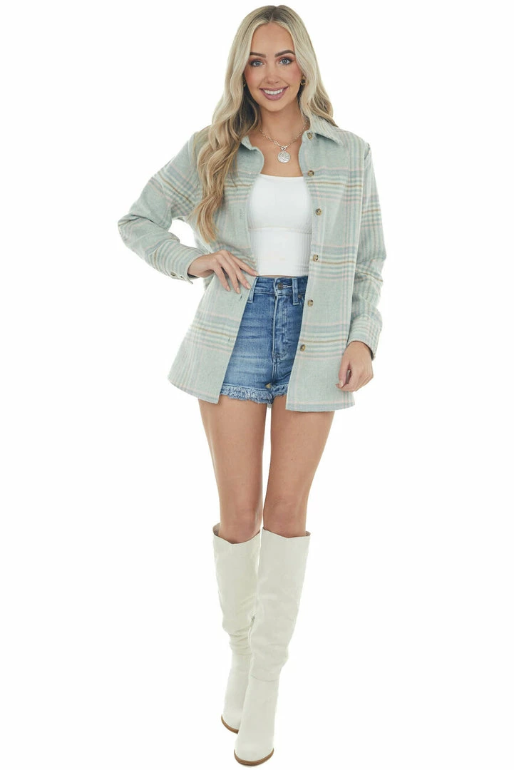 Blue B Pastel Sage Plaid Button Up Shirt Jacket 12 Blue B Pastel Sage Plaid Button Up Shirt Jacket