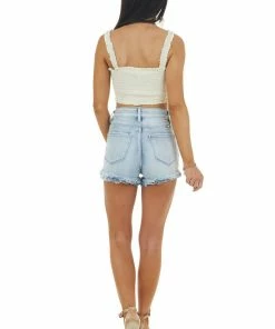 LE LIS Tops Cream Sleeveless Smocked Crop Top With Gold Thread Details 29 LE LIS Tops Cream Sleeveless Smocked Crop Top With Gold Thread Details