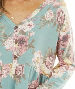 Bluivy Tops Sage Floral Print Babydoll Top With Button Front Detail